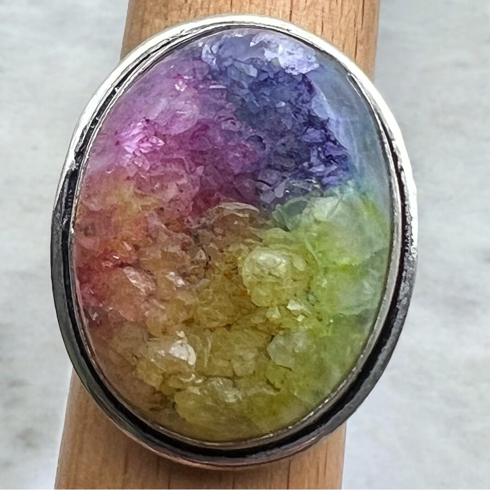 New Rainbow Solar Quartz Crystal Stone Silver Overlay Ring Size 10